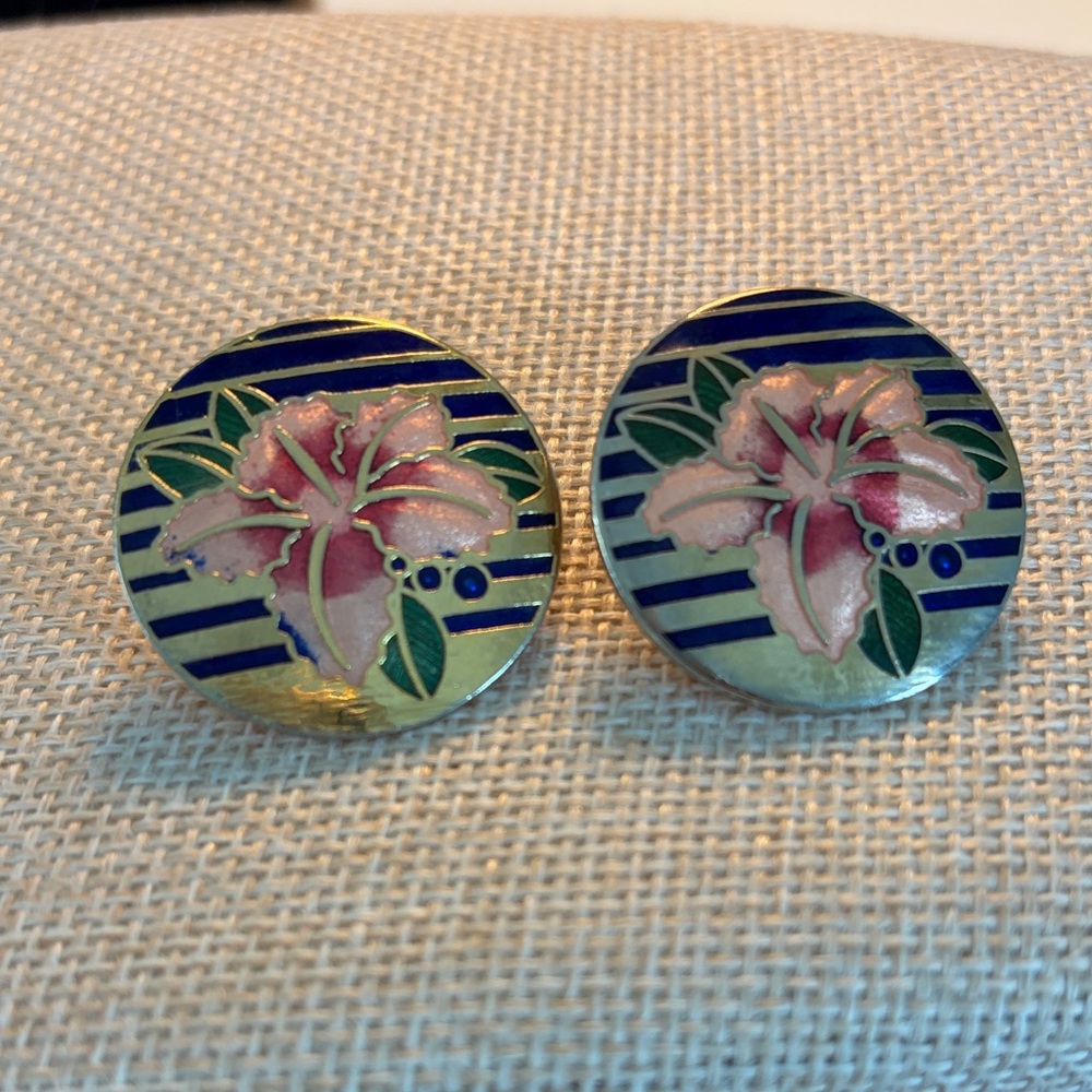 Beautiful Cloisonné Floral Enamel Earrings with Pink and Blue Stripes
